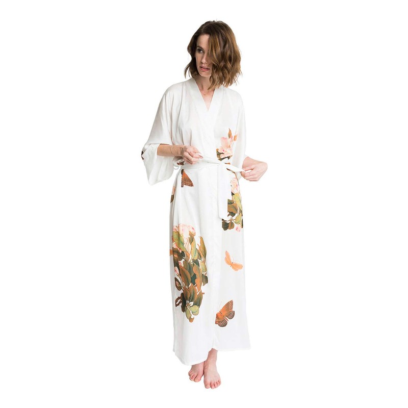 KIM+ONO Women's Charmeuse Kimono Robe Long - Peony & Butterfly