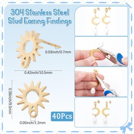 SUNNYCLUE 1 Box of 40 Sets of Stud Earrings Accessories Sun Stud Earrings with Loop Stainless Steel Stud Earrings and Earring Backs with Butterfly Motif Golden Stud Earrings for Jewellery Making