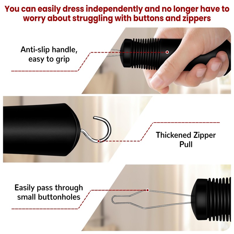 Button Hook with Zipper Pull, Button Assist Tool, Button Hook
