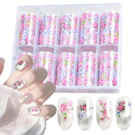 SILPECWEE 10 Rolls Flower Nail Foil Holographic Nail Art Foil Nail Transfer Foil Paper Foil Flowers Nail Stickers Flowers for Nails Fingernail Wraps Nail Art Decoration Accessories