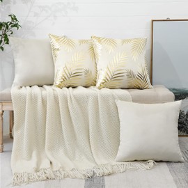 JOTOM Velvet Soft Cushion Covers Gold Leaves Modern Decorative Pillow Covers Bronzing Pillow Cases Square Throw Pillow Covers for Bedroom Sofa Car Home Couch Decor 45 x 45 cm Pack of 4 (Cream)