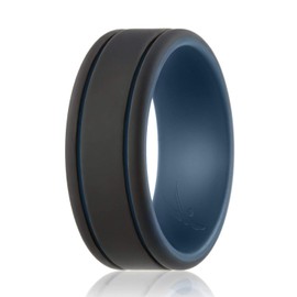ROQ Silicone Rubber Wedding Ring for Men, Comfort Fit, Men's Wedding Band, Breathable Rubber Engagement Band, 9mm Wide 2mm Thick, 2 Thin Lines Duo Collection, Single, Black & Blue, Size 16