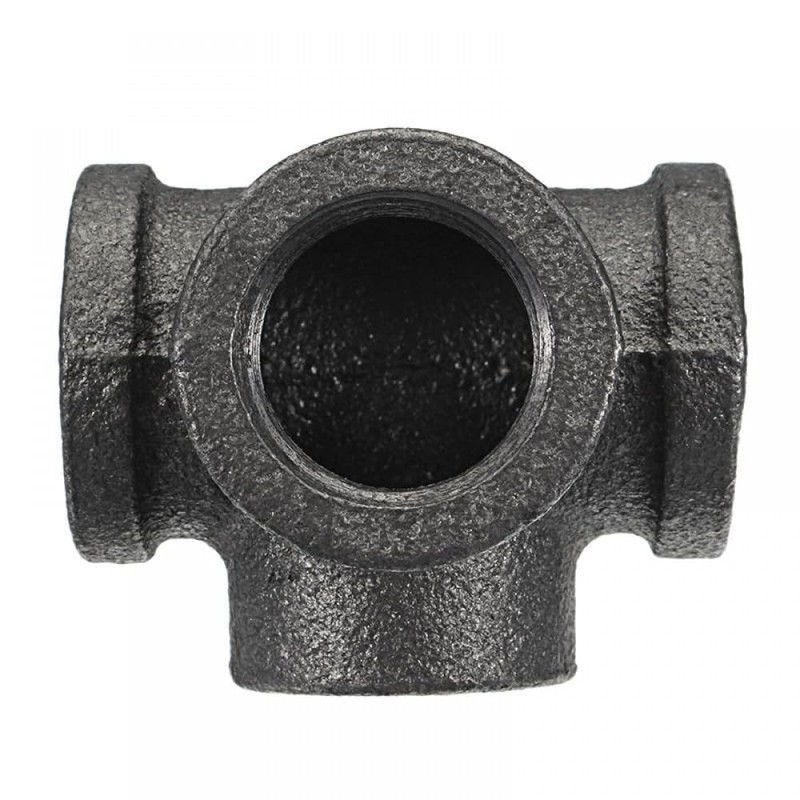 4 Way Pipe Fitting Malleable Iron Black Side Outlet Tee