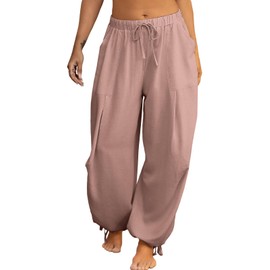 TITOMD Women Linen Harem Pants Summer Drawstring Casual Lounge Baggy Pant Beach Travel Vacation Trousers with Pockets (US, Alpha, Medium, Regular, Regular, Nude)