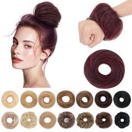 SEGO Human Hair Messy Bun Hairpieces Real Scrunchies Natural Wavy Smoothed Updo Donut Chignon Ponytail Extensions for Women Girls-#2AP99J Natural Black & Wine Red