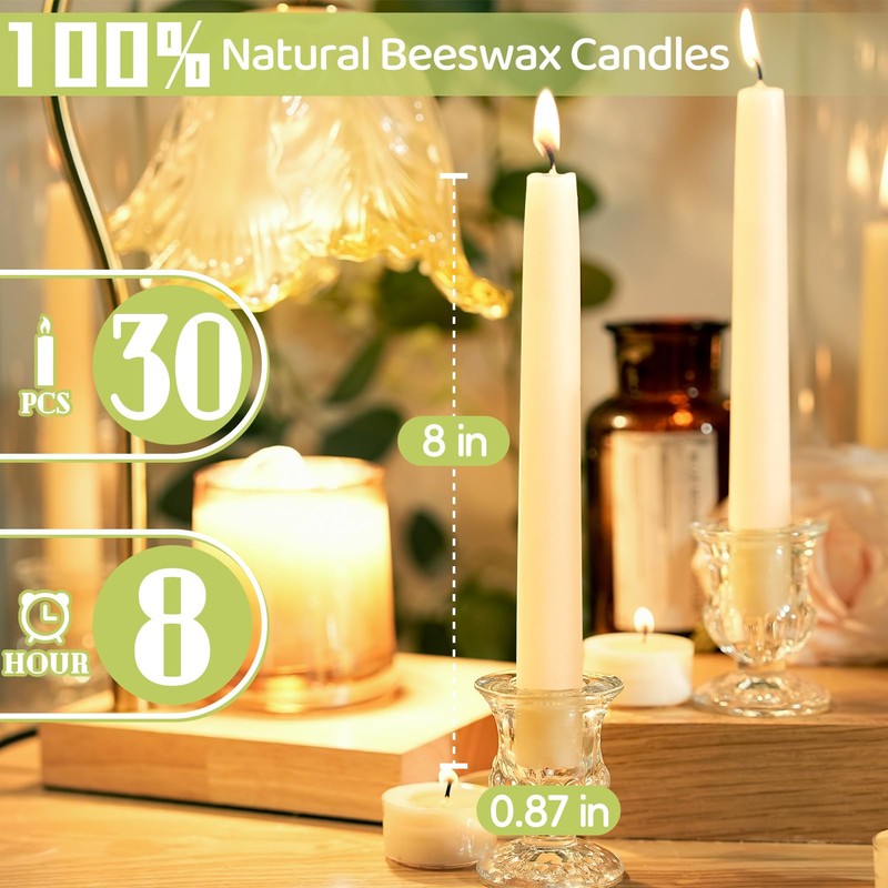 30 Pack Beeswax Taper Candles in Bulk 8 inch Tall