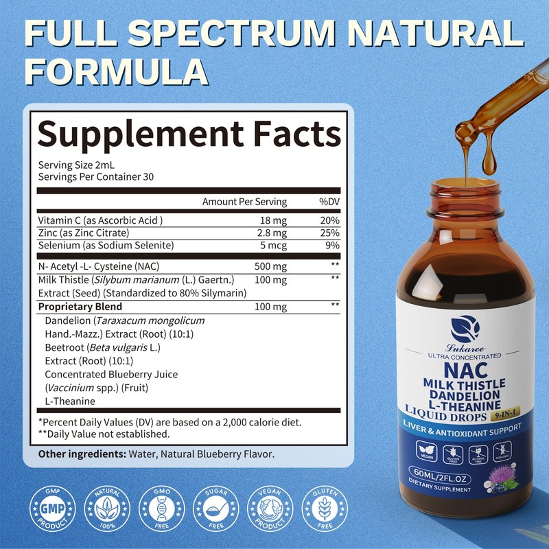 Lukaree NAC Supplement 600mg w/Milk Thistle -Liposomal NAC N-Acetyl-L-Cysteine Liquid