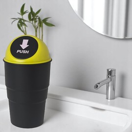 Car Trash Can with Lid Small Rubbish Bin 19 cm High x 9 cm Wide – Mini Push Top Desk Bin Fits Cup Holder Door Pocket – for Auto Home Office Makeup Table in Yellow Purple Blue Green (1, Yellow)