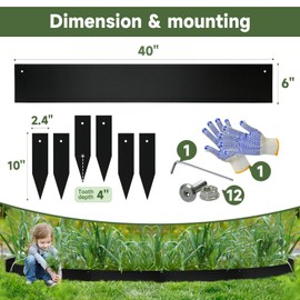 Steel Landscape Edging - 40" LX 6" H Metal Garden Edging - Landscape Lawn Edging - 20FT Total 6 Pcs - Heavy Duty Metal Edging Bendable Border Strips for Lawn Yard Black GJWCVL - 6 Clips