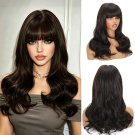 Fusenp Dark Brown Layered Wavy Synthetic Wig with Curtain Bangs for Women, 4x4 Realistic Scalp Glueless Layered Body Wave with Bangs Beginner Friendly Wig for Daily Party Use