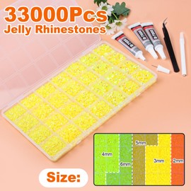 33000Pcs Lemon Yellow AB Resin Jelly Rhinestones for Bedazzling, 2-6mm Flatback Gems for Diamond Art, Bedazzler Kit with 3Pcs 10ml B7000 Jewelry Glue for Crafting Crafts Nail Art