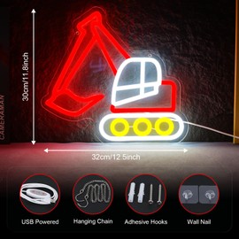 Excavator Neon Sign, Vibrant LED Light Decoration, Construction Lamp LED Neon Light USB Powered for Boys Room, Bedroom, Playroom, Man Cave – Ideal Gift for Kids and Teens