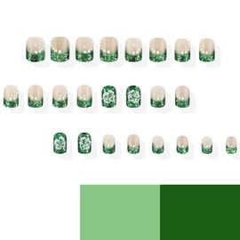 24Pcs St. Patrick's Day Press on Nails Short Square Nails French Tip Fake Nails with Clover Designs Saint Patrick's Day Acrylic Nails Green Glitter Stick on Nails Shamrock False Nails for Women Girls