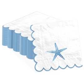 100 Pcs Starfish Light Blue Scalloped Paper Napkins 6.5 x 6.5 Inch 3 Ply