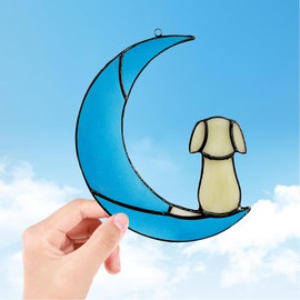 JIABEI Stained Glass Decoration,Dog on Moon Stained Glass Window Hanging for Suncatcher,Dog Bereavement Gifts,Pet Loss Gifts,in Memory of Dog Passing Away Gifts.
