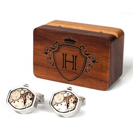 Mens Cufflinks Watch Movement Shape Silve Cuff Links with Initial Walnut Wood Box for Husband Boy Friend Groom Groomsman Wedding (H)