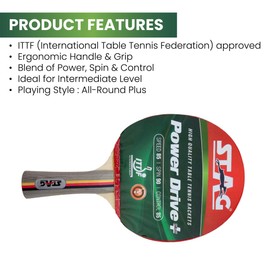 Stag Power Drive Plus Table Tennis Racquet(Multi- Colour, 174 Grams, Intermediate)