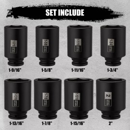 FS TOOL 8PCS 1/2"Dr. Deep Impact Socket Set-SAE, 1-9/16" to 2", 6-Point CR-MO