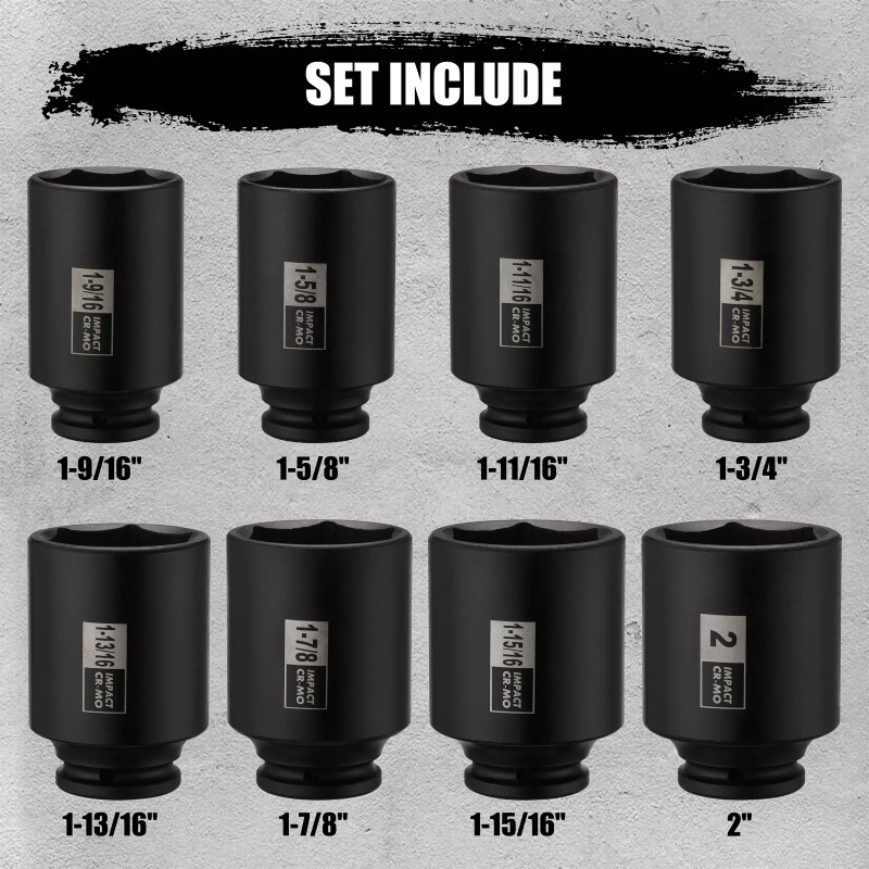FS TOOL 8PCS 1/2"Dr. Deep Impact Socket Set-SAE, 1-9/16" to