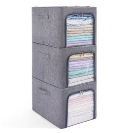 GuliPostan 3 Pack Clothes Storage Bins with Metal Frame, Foldable Storage Bins with Zipper Clear Window Reinforced Handles, Stackable Closet Storage Bins for Clothing Bedding, Grey 31L