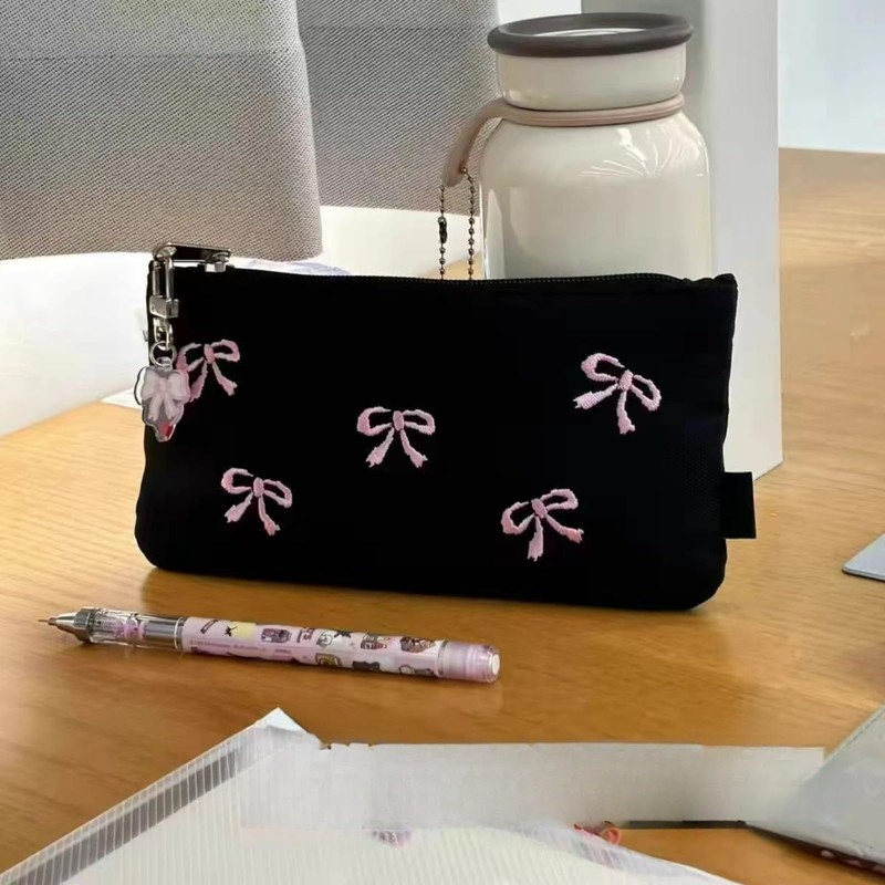 BlingKicks Black Bow Embroidery Pencil Case Pouch Organizer with Pins