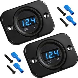 2 Pieces DC 12V 24V Waterproof Car Voltmeter with LED Digital Blue Light Display Panel and Mounting Plate, Round Voltage Gauge Meter with Terminals for Boat Marine Vehicle Motorcycle Truck ATV UTV