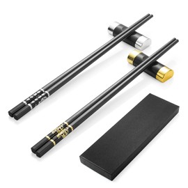 2 Pairs Gold/Silver Japanese Chopsticks Black + 2 Pieces Chopsticks Shelves Chopsticks Sushi Chopsticks Stainless Steel with Holder Gift Set Chinese Chopsticks Asian Cutlery with Gift Box
