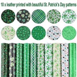 10 Pieces St. Patrick's Day Faux Leather Sheet Shamrock Leather Fabric Sheet Glitter Sequins Fabric Faux Leather Sheet for DIY Bows Earrings Making Crafts, 20 x 26 cm/ 7.9 x 10.2 Inches