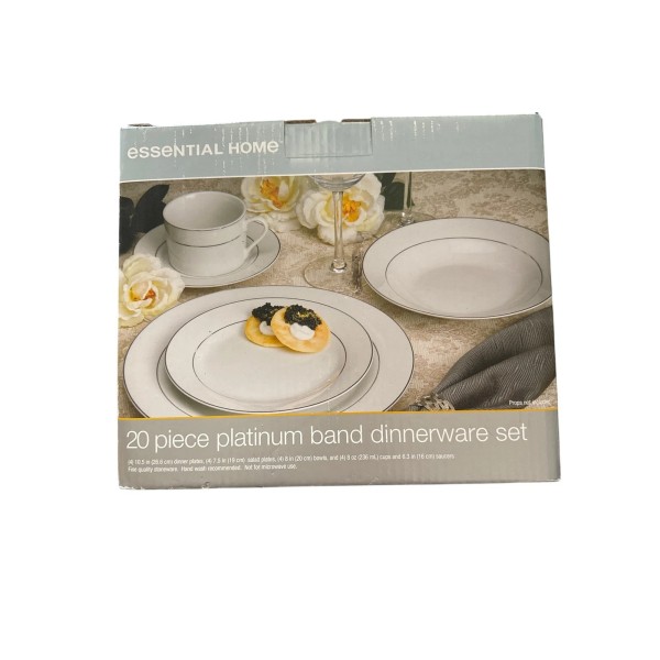 Essential Home Dinnerware Set Dishes White/Platinum Dinnerware Set Minimalist Four