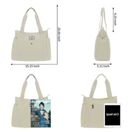HAWEE Canvas Women's Handbag Shopper Tote Bag Large Shoulder Bag with Zip Shoulder Bag Retro Carry Bag Lightweight Handbag for Travel Work School Shopping Beach Everyday, White, Casual, fashionable