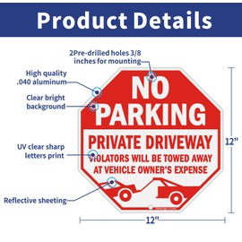 No Parking Sign, Private Driveway Sign Violators Will Be Towed Away at Vehicle Owner's Expense Sign, 12 x 12 Reflective Rust Free Aluminum, Weather Resistant, Durable Ink, Easy to Mount