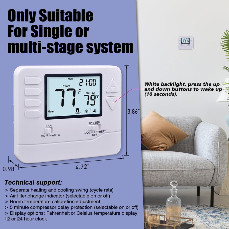 Heagstat 5-1-1 Day Programmable Thermostat for Home Conventional Single or