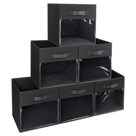 DIMJ Cube Bins, 6 Packs Fabric Storage Cubes with Clear Window, Storage Bins with Handles, Clear Cube Storage Bins, Storage Baskets for Shelves, Living Room, Office (Black)
