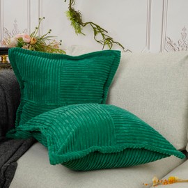 YOUR SMILE Corduroy Pillow Covers with Splicing Set of 2 Super Soft Boho Striped Pillow Covers Broadside Decorative Textured Throw Pillows for Couch Cushion Livingroom,18 x 18 inch,Christmas Green