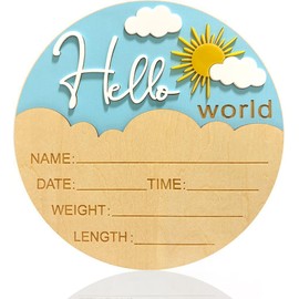 Cuvstvo Baby Announcement Sign Hello World Newborn Birth Sign Wooden Newborn Photography Props Baby Shower Hospital Nursery 5.9 Inch (Sun White)