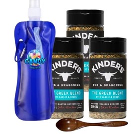 Kinder’s Rub Premium Barbecue Seasoning BBQ Spice w/Garlic & Herbs pack of 3 5.1 oz. each (15.3 oz) + Candy Freezer Collapsible Bottle & Wooden Spoon (The Greek Blend)