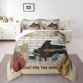 Violin Comforter Set Full Size,Rock Roll Music Themed Bedding Set Musical Notes Piano Print Quilt Set Kids Boys Girls Teens Room Decor Vintage Old Newspaper Hippie Music Duvet Insert,2 Pillowcases