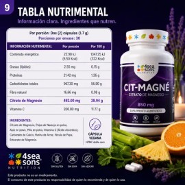 Seasons Nutrition Cit Magné Citrato Magnesio 850 Suplemento Alimenticio Fórmula Avanzada Vegano Gluten Azúcar Soya Cápsulas