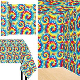 FuWeave 100 ft Long Tie Dye Tablecloth Roll Hippie Tablecloth 60s Party Decorations Colorful Rainbow Swirls Table Cloth for Tie Dye Party Decorations Supplies