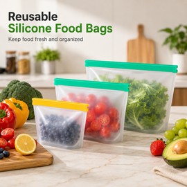 Reusable Silicone Food Bag Freezer Stand Up Fresh-Keeping Bag Food Storage 3pcs Kitchen Leakproof Fresh Stash Bags BPA Free