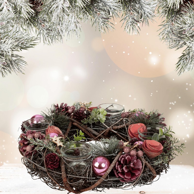 Christmas Advent Wreath Made of Multiple Materials Round with Pink/Green/Brown