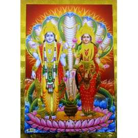 Crafts of India Lord Vishnu Lakshmi Standing on Lotus poster/Reprint Hindu God Picture with Golden Foil (Unframed : Size 5"X7" inches)