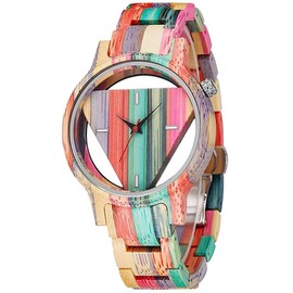 Natural Colorful Bamboo Watch Men's Women's UniqueTriangular Wooden Watches Men's Creative Hollow dial Bamboo Watch