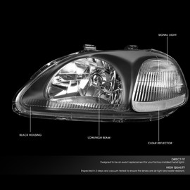 DNA MOTORING Pair Headlight Assembly Compatible With 1996-1998 Honda Civic, Black/Clear, HL-OH-HC96-BK-CL1