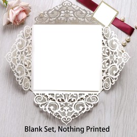 DreamBuilt 6.3 X 6.3 Inch 50PCS Blank Dark Gold Glitter Laser Cut Wedding Invitations With Envelopes Hollow Rose Pocket With Burgundy Ribbon Belly Band Wedding Invitation Cards For Wedding Invite