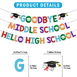 Goodbye Middle Hello High School Banner 8th Grade Graduation Decorations Graduation Banner Class of 2025 for 8th Grad Graduation Party Decorations Glitter