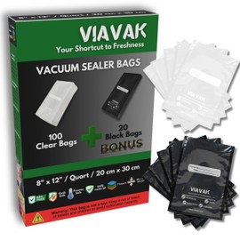 VIAVAK (8x12 Inch) Vacuum Sealer Bags for Food | 100 Clear + 20 Bonus Black | 7-Layer Commercial Grade, BPA-Free, Writable Surface for Content & Date, Heavy Duty for Food Storage & Sous Vide
