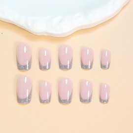 MERVF Press on Nails Medium Square, Sliver Glitter French Tip Fake Nails Elegant Glue ons Acrylic Nail Soft Gel DIY Manicure Glossy 24pcs