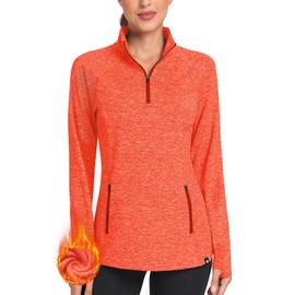 Soneven Women's Thermal Fleece Running Shirts Warm Winter Pullover Cold Weather Workout Hiking Tops with Thumb Holes Pockets Sweatshirt(Orange-123,S)