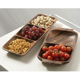 Premier Housewares 2 Section Rectangle Serving Dish with Handles, 4 x 32 x 18 cm - Acacia Wood, Brown